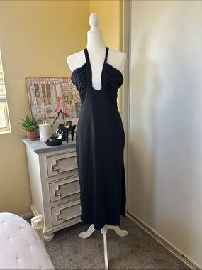 Bardot Black Halter Midi Dress with Plunging Neckline